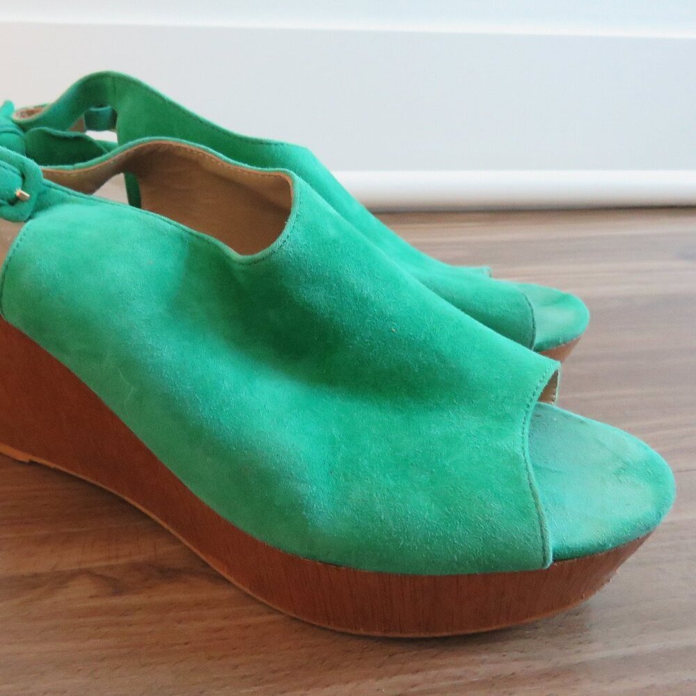 ANTHROPOLOGIE Bow Back Wooden Wedge Peeptoe Sandals in Kelly Green - Size US 10 - Picture 10 of 15